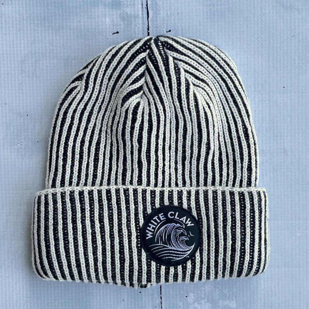 White Claw Beanie Hat Black Striped Ribbed Knit Logo Limited Edition‎ Streetwear